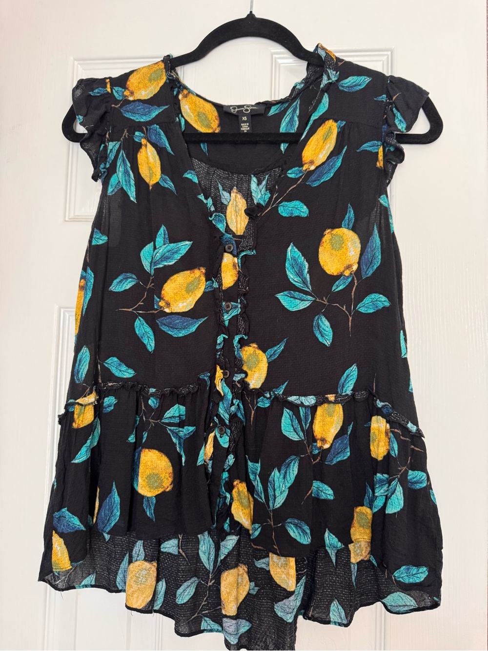 Jessica Simpson Black Blouse with Yellow Lemon & Teal Leaf Print